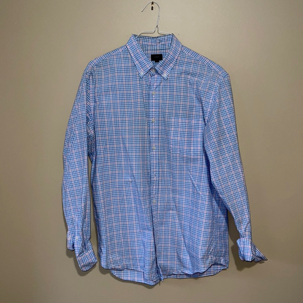 Large, pink and blue checkered J Crew button down shirt